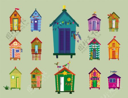 海滩小屋集合各彩色插图类型自由向量