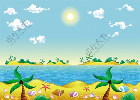 卡通海滩椰树风景插画