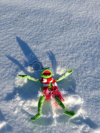 躺在雪中的青蛙玩偶