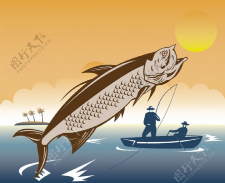 大海鲢鱼跳缠绕的渔夫