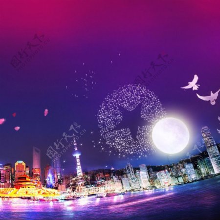 大气紫色炫酷城市夜景背景