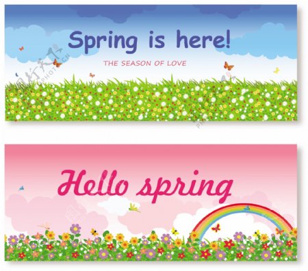 春天的背景设置与花卉场自由向量插图
