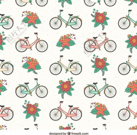 创意单车和花卉无缝背景矢量图