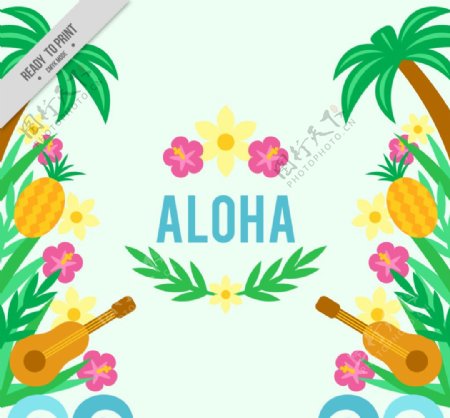 夏威夷四弦琴和花的背景
