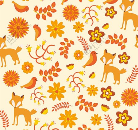 彩色狐狸和树叶无缝背景图片