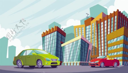 大城市现代建筑和汽车的城市景观矢量卡通插画