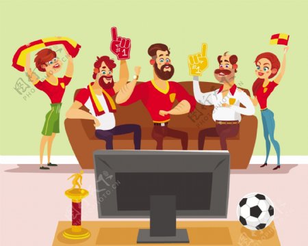 一群朋友看电视上的足球赛卡通插画矢量