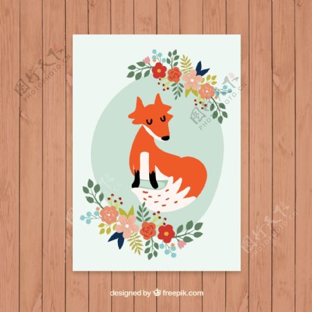 彩色花卉和狐狸卡片矢量素材