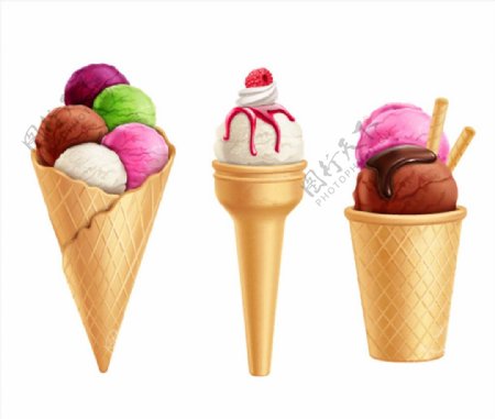 三只美味的甜筒冰淇淋矢量素材