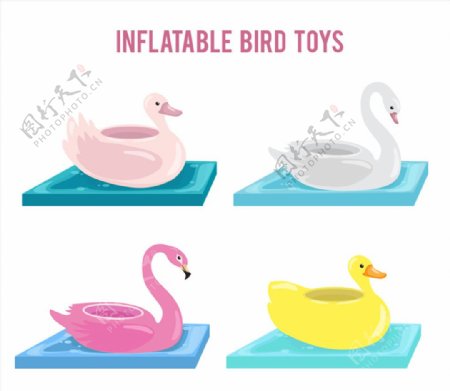4款鸟类形状水上充气玩具矢量图