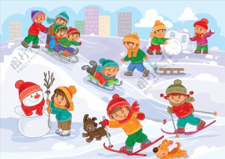 在雪地上开心玩耍的卡通儿童