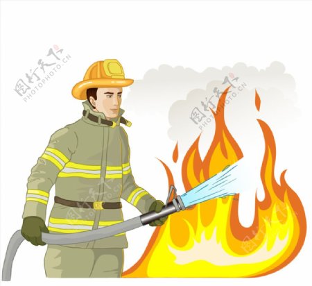 拿着消防管灭火的消防员矢量素材
