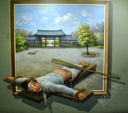 3D中式人物受刑手绘背景墙