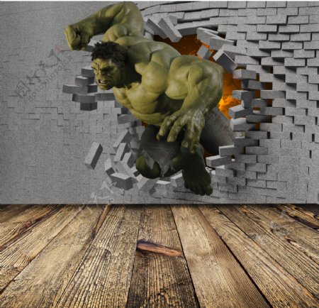 3D立体卡通动漫绿巨人破墙背景墙壁画墙画