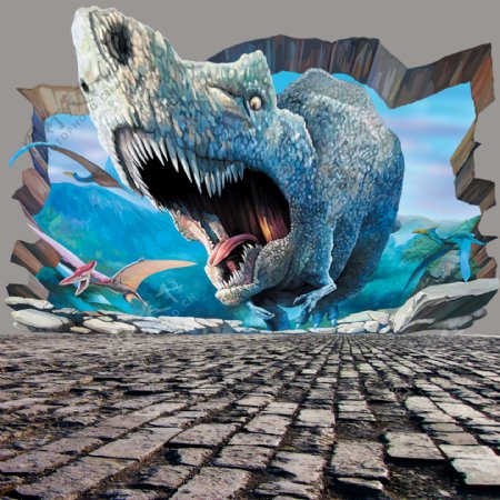 3D侏罗纪公园恐龙冲出墙面背景图