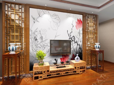 中式背景墙客厅效果图模版