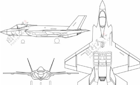 隐身战机F35C矢量三视图线稿