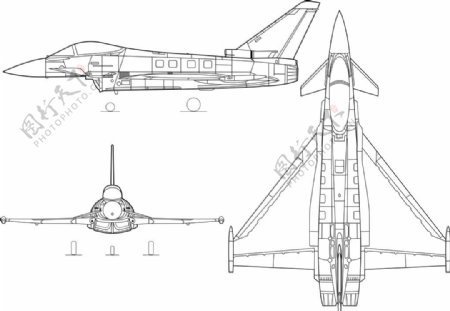 欧洲三代中型战机台风三视图线稿