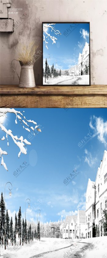 雪地下的建筑装饰画