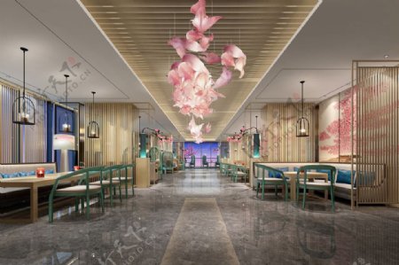 中式古风花卉餐饮空间大厅效果图设计