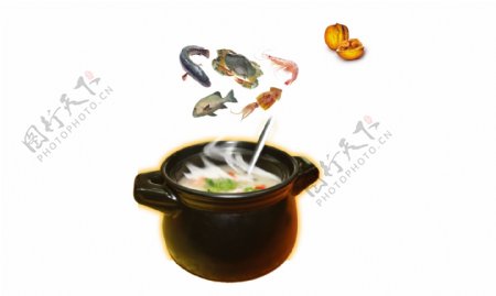 一砂锅美味粥食物蔬菜海鲜鱼肉素材