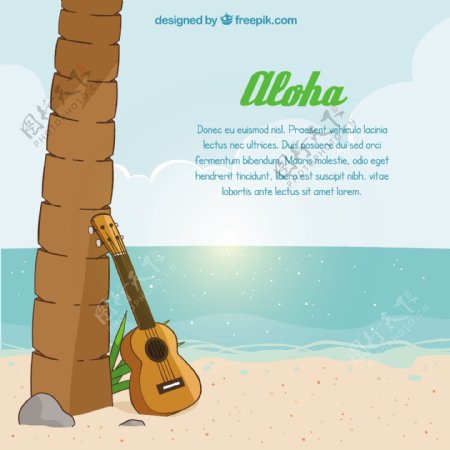 海滩背景的吉他和棕榈树