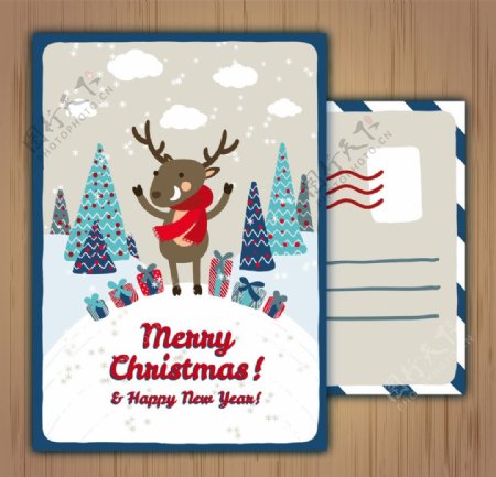 圣诞树和驯鹿卡片