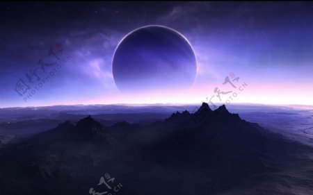 紫色星球湖面山脉背景