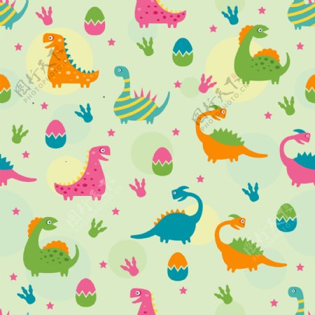 彩色恐龙蛋和恐龙无缝背景矢量图