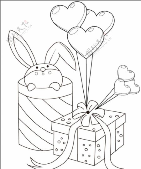 爱心礼盒与兔子线描图