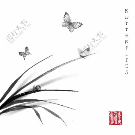 新中式水墨画素材元素背景印章竹叶兰花蝴蝶