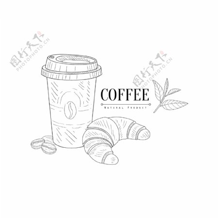 茶手绘咖啡和牛角包插画
