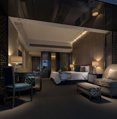 奢华酒店客房卧室3D模型下载