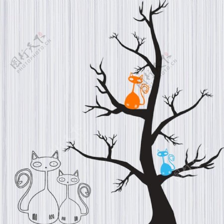 手绘灰色竖纹线条底色小猫树干彩色装饰画