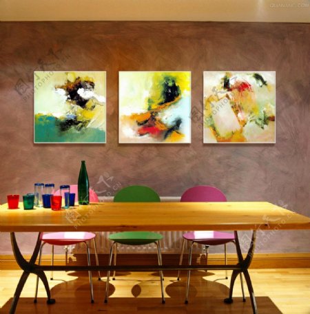简约餐厅抽象装饰画三联画效果图