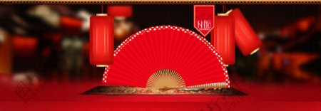 红色中国风扇子banner背景素材