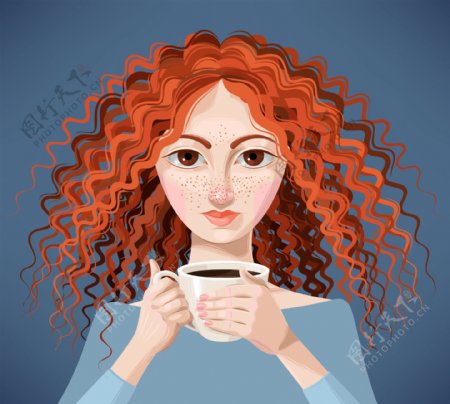 卡通喝咖啡的女人插画