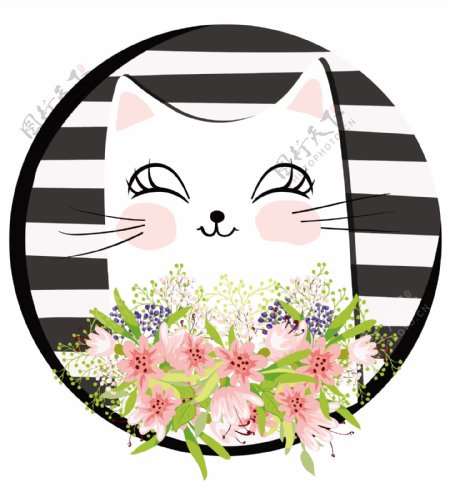花朵花卉卡通小猫矢量图下载