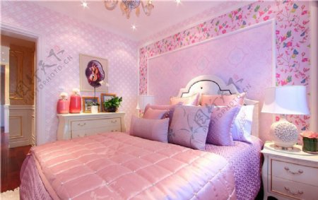 粉色系公主风卧室白色台灯室内装修效果图