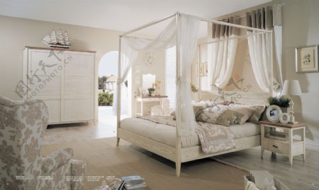现代地中海家居卧室床铺装修实景图