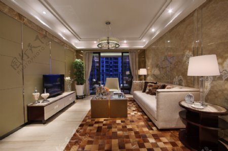 现代时尚深褐色格子地毯客厅室内装修效果图