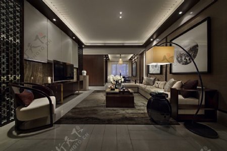 现代时尚客厅深灰色毛地毯室内装修效果图