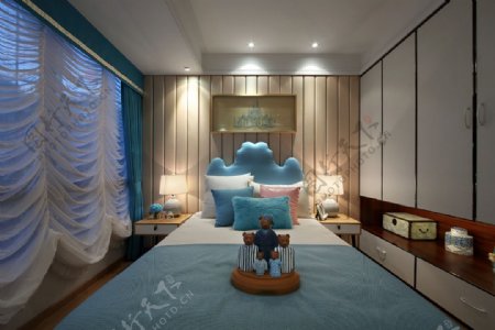 现代中式卧室床铺家装效果图