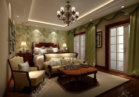 欧式贵气卧室绿色窗帘室内装修效果图