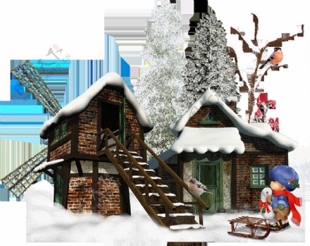 卡通创意冬季小屋png元素素材