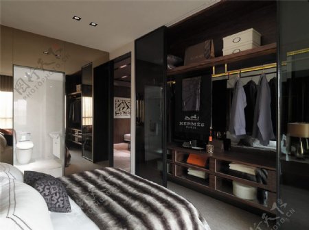 现代时尚开放式衣柜卧室室内装修效果图