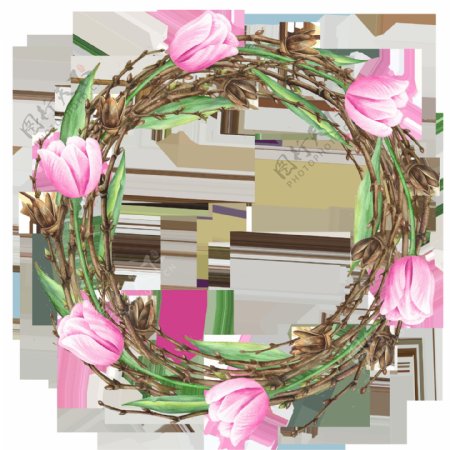 圆形树叶郁金香花环卡通透明素材