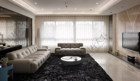 现代客厅黑色猫地毯室内装修JPEG效果图