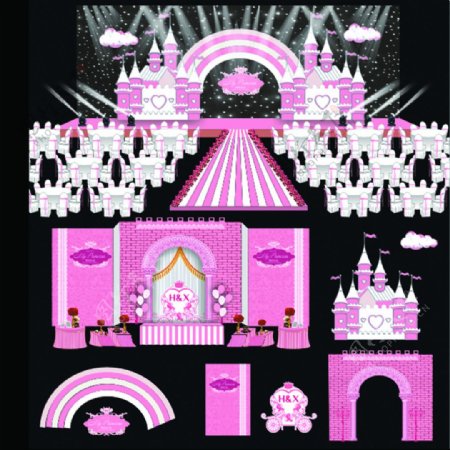婚庆粉红色梦幻城堡星空幕布现场效果图