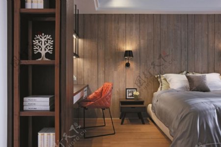 现代简约卧室木制背景墙室内装修效果图